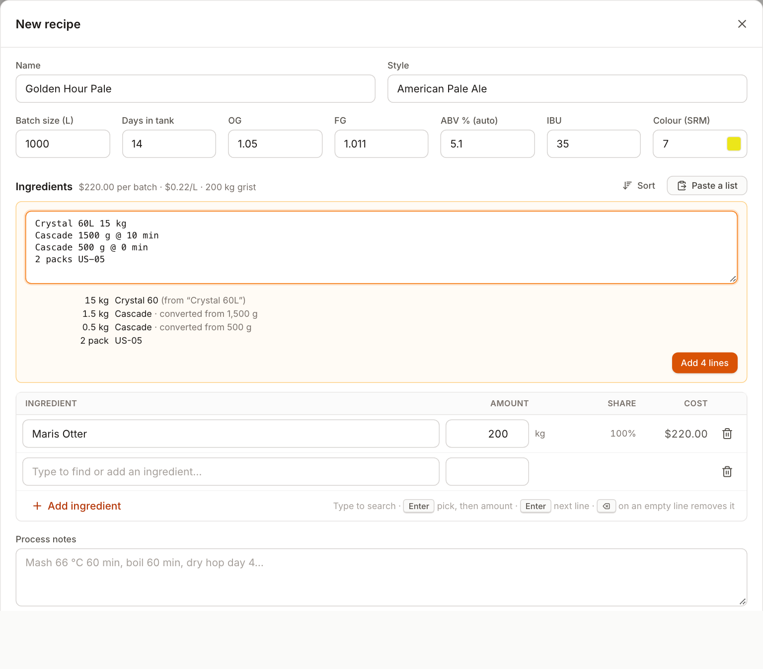 Pasting an ingredient list into a recipe: each line is matched to an ingredient and grams are converted to kilograms